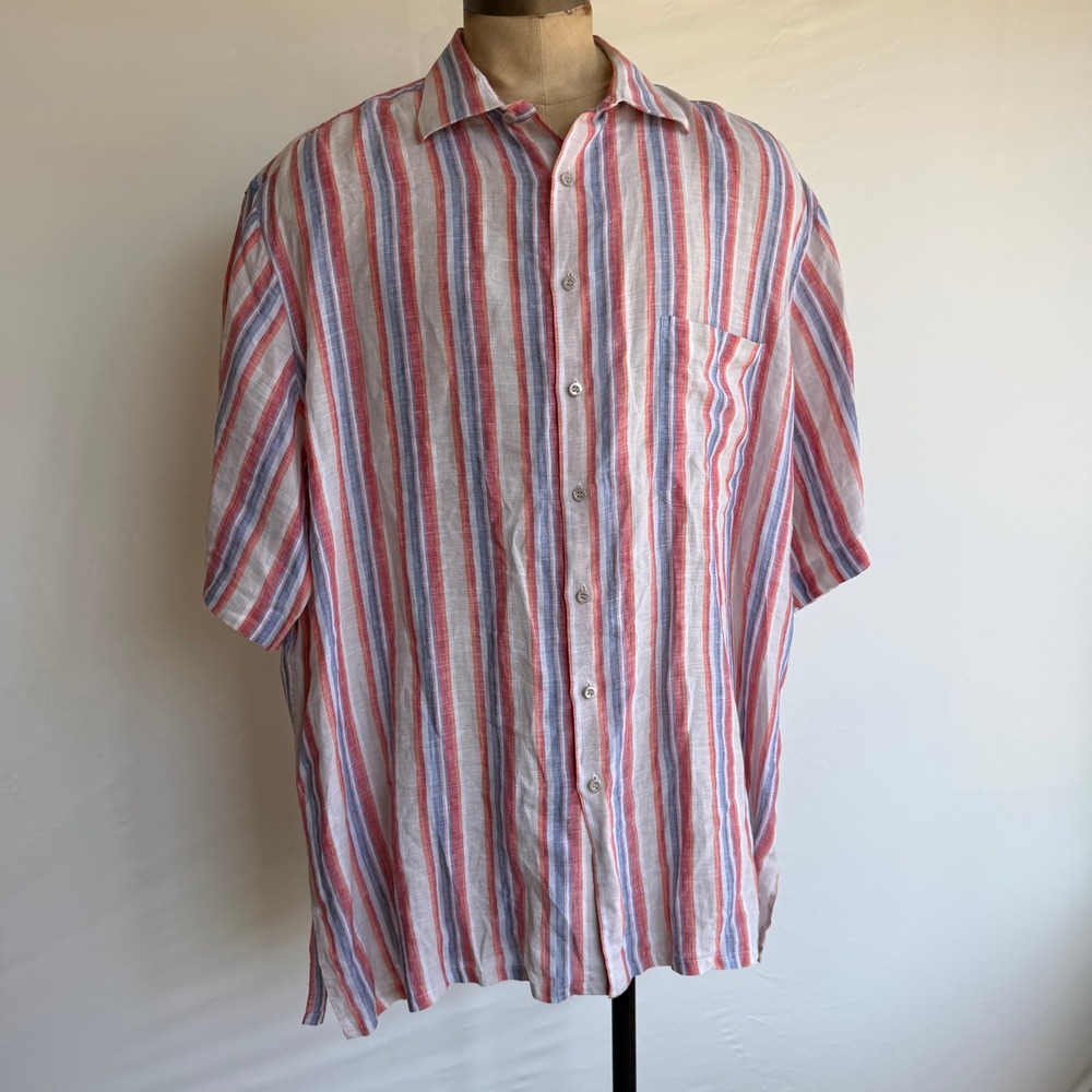 Anto Beverly Hills Mens Custom Linen Stripe Short Sleeve Button Down Shirt XL